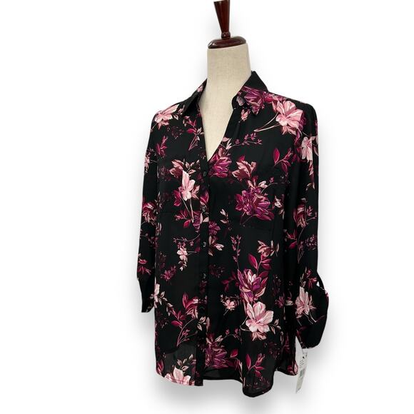 NEW BCX Black Floral Blouse Large Collared Satin Top Dark Flower Office Work - Picture 4 of 14